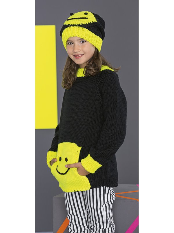 Lana Grossa PULLOVER + MÜTZE Superbingo uni/Neon