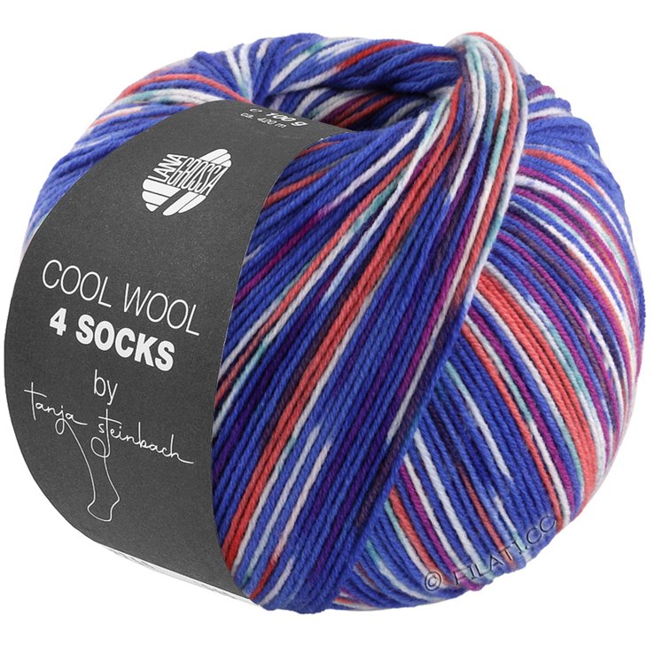 Lana Grossa COOL WOOL 4 SOCKS PRINT III | 7202-Kobaltblau/Tonrot/Weiß/Jade/Dunkelfuchsia/Hellblau