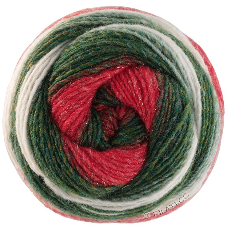 Lana Grossa GOMITOLO (Christmas Edition Lurex) | 116-Leuchtendrot/Dunkelrot/Dunkelgrün/Ecru/Weißgrün/Weißrot