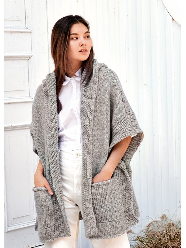 Lana Grossa KAPUZENPONCHO GLATT RECHTS MIT HEBEMASCHENBLENDEN Lala Berlin Lovely Cotton